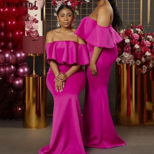 JaneVini Fuchsia Mermaid Bridesmaid Dresses Long Satin Boat Neck Maid of Honor Dresses for Weddings African Women Formal Gowns