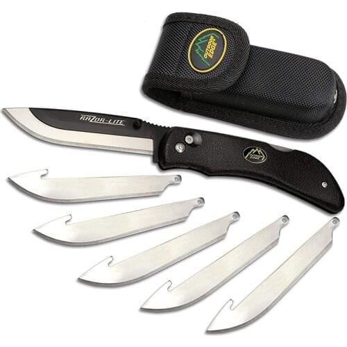 Outdoor Edge RazorLite - Replaceable Blade Folding Hunting Knife with Rubberized Nonslip TPR Handle, 6-Blades and Nylon Sheath