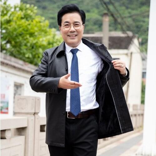 Spring autumn sheep skin, middle old aged fathers coat, lapel jacket, plush and thickened leather