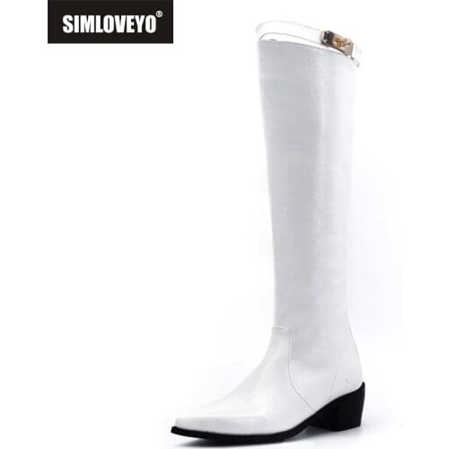 SIMLOVEYO Vintage Square High Heel Slim Knee High Boots Women Shoes Pointed Toe Western Style Zipper Big Size 34-48 S2361