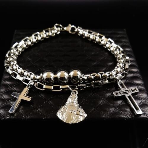 New Stainless Steel Cross Jesus Charm Bracelet For Women Silver Color Bracelets Bangles Jewelry pulseras mujer B17671BS02