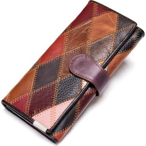 Genuine Leather Womens Long Coin Wallet Patchwork Purse Clutch Large Capacity Bags for Cellphone