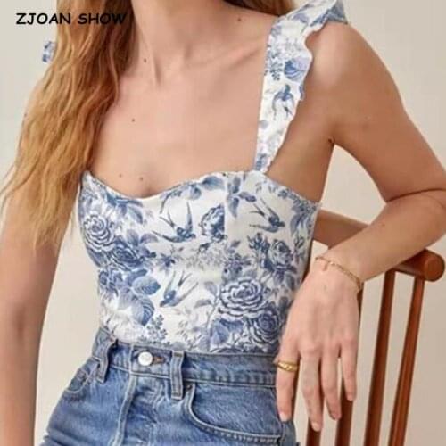 2021 Retro White Blue Flower Print Camis Women Summer Ruffles Strap Ruched Short Tank Tops Cool Girl Sexy Slim Crop Top Tees