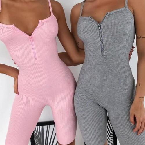 Women Knitted Ribbed Bodycon Playsuit Short Jumpsuit 2020 Sport Overall for Women Summer Strap Zipper Bodycon Rompers Outfits