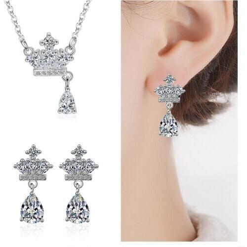 Shiny Crystal Crown Pendant Women Necklaces Jewelery Set Quality Earrings Silver 925 Female Choker Neck For Lady Valentines Day