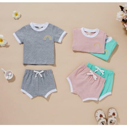 Children Casual Two-piece Clothes Set Rainbow Embroidery Pattern T-shirt and High Waist Shorts Outfits Suit, Pink/ Green/ Grey