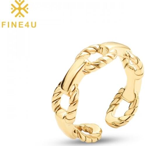 FINE4U R014 Minimalist Open Wide Band Cuban Link Chain Ring Adjustable Stacking Band Ring Hypoallergenic Jewelry