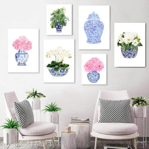 Chinoiserie Wall Art Prints Watercolor Orchid & Magnolia Canvas Painting Oriental Vase Blue White Ginger Jar Posters Home Decor
