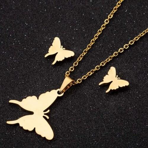 Jisensp Korean Fashion Elgant Butterfly Pendant Necklace Earrings Cartoon Lovely Animal Stainless Steel Jewelry Sets for Women