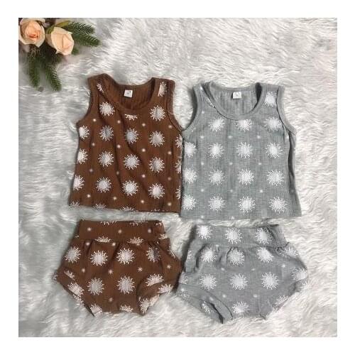 Fashion Summer Newborn Baby Boys Girls 2pcs Outfits Toddler Infant Ribbed Sun Print Vest Tops+Shorts Casual Clothes Sets 0-18M