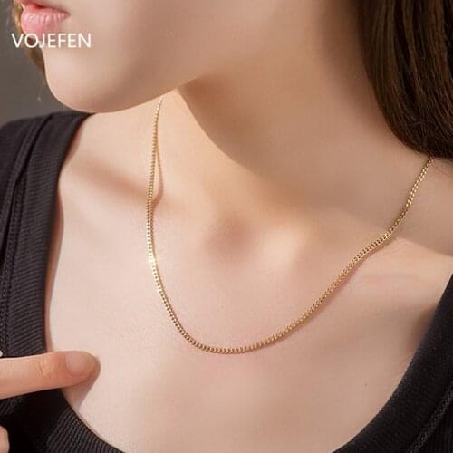 VOJEFEN Jewelry AU750 18K Real Gold Choker Necklace Unisex Link Chain Necklaces, Flat Cuban Chain Jewelry Birthday Gift