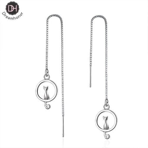 Dreamhonor 925 Sterling Silver Long Drop Ear Line Earrings Female Temperament Simple Cat Earrings Women Jewelry Wholesale