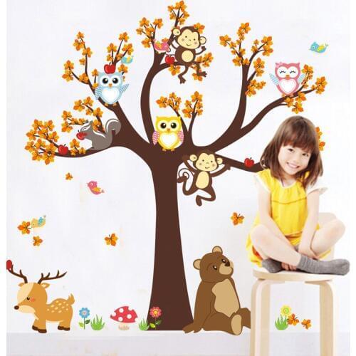 Cartoon Owl monkey big tree Wall Sticker for kids rooms nursery Mural Art Decals animals stickers wallpaper for home decoration