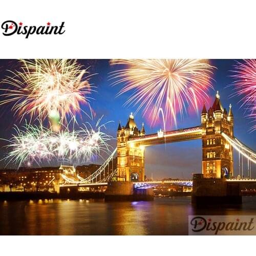 Dispaint Full Square/Round Drill 5D DIY Diamond Painting "Bridge fireworks" Embroidery Cross Stitch 3D Home Decor A11968