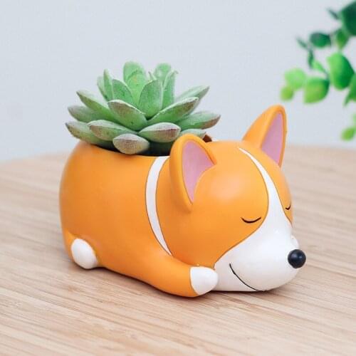 Resin Cartoon Creative Cute Corgi Dog Succulent Flower Pot Landscape Gardening Green Plant Flower Pot Garden Desktop Decoration