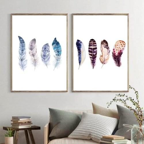 Hand Drawn Watercolor Feather Prints Boho Style Wings Poster Home Wall Art Canvas Painting Bright Colors Picture Wedding Decor