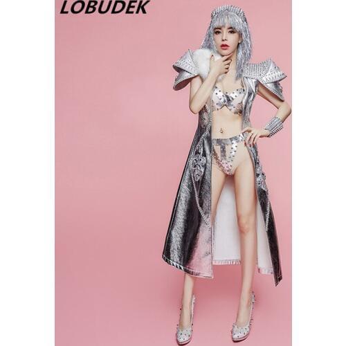 Silver Rivet Long Cloak Stage Outfit Sexy Bikini Set Nightclub Bar Female Singer Stage Costume Star Concert Modern Dance Costume