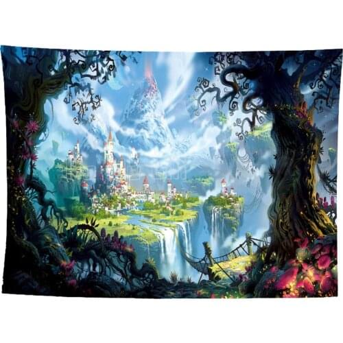Fantasy World Landscape Cartoon Castle Tapestry Green Magic Forest Mushroom Myth Art Family Room Dormitory