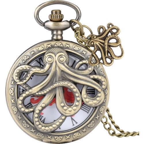 Vintage Octopus Hollow Half Hunter Quartz Pocket Watch Classic Bronze Necklace Pendant Clock for Kids Chain orologio donna