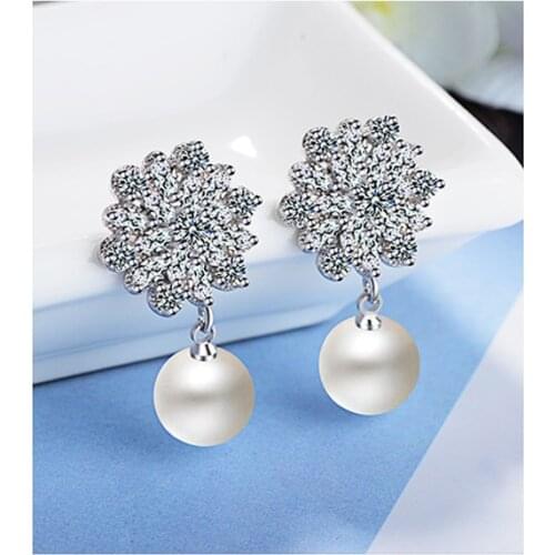 YH-ZL Cut Fashion 925 Sterling Silver Earrings For Women Student Micro Zircon Love Flower Simulated Pearl Stud Earrings