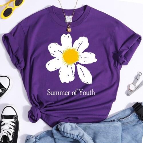 Small White Daisiesprinting Womens T-shirt Loose Vintage New T Shirts Leisure Loose Streetwear Breathable Casual Womens T-shirts