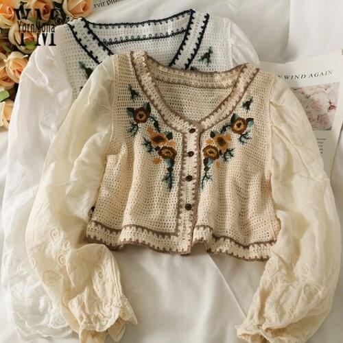 YornMona Vintage Crochet Flowers Transparent Women Blouse Shirts Early Autumn Knit Patchwork Female Tops Casual Ladies Blusas