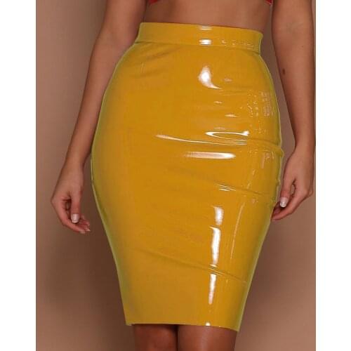 Women Fashion PU Leather Bodycon Skirt Gothic Black Wet Look Red Yellow Midi Skirt High Waist Ladies Skinny Pencil Skirts Womens