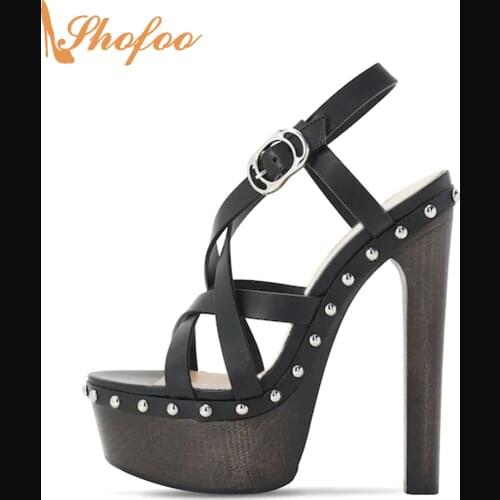 Black Platform High Heels Women Sandals Buckle Cross Strap Plus Size 15 16 Ladies Summer Fashion New Rivet Mature Shoes Shofoo