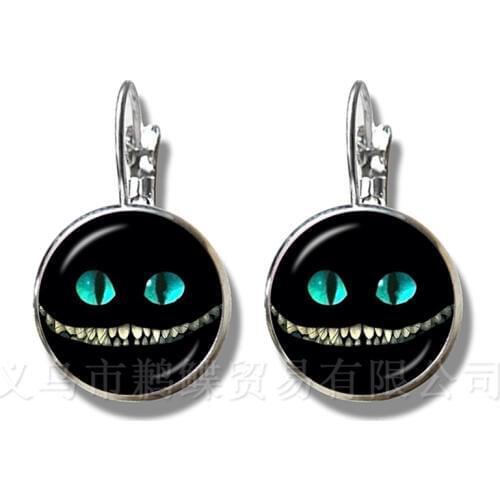 Alice In Wonderland Earrings Cheshire Cat 16mm Glass Round Dome DIY Jewelry Silver Plated Stud Earrings For Women Gift