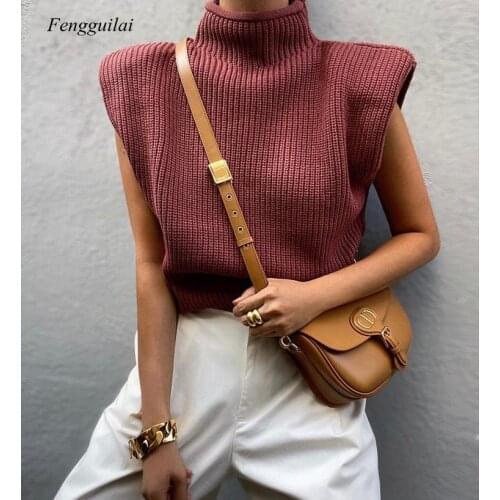 Sleeveless Winter Autumn Fashion Casual Turtleneck Knitted Women Sweater Vest Tops Basic Jumper Shoulder Pads Female 2020