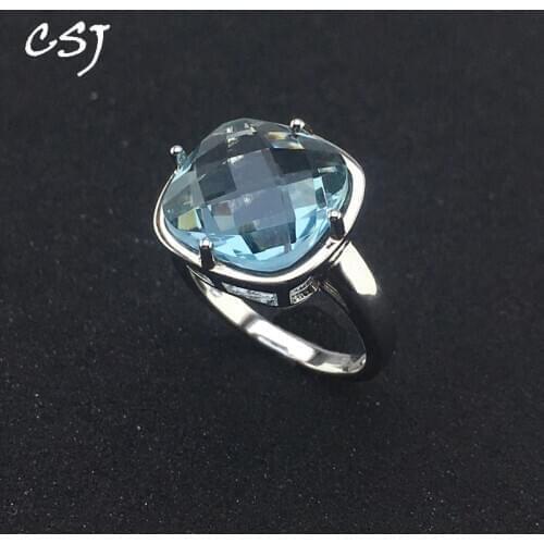 CSJ Sky Blue Topaz Rings Sterling 925 Silver Natural Gemstone Cushion 12mm Women Lady Wedding Engagment Party Gift Box