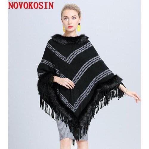 2020 New Winter Tassel Coat Women Faux Fox Fur Neck Plus Size Out Street Poncho Printed Striped Cape Loose Knitted Pullovers
