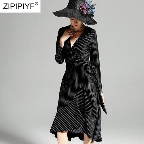 Elegant Dress Womens Fashion women Long Sleeve Casual Striped V-Neck Ruched Dress Ruffle Midi Bandage Party Dress Femme H6910
