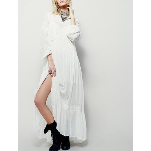 KIYUMI Dress Women Wedding Party Dress Autumn V-neck Lantern Sleeve Vintage Floral Embroidery Lace-up Stitching Loose Maix Dress