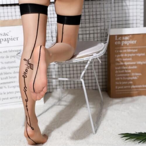 Women Sexy Lingerie Ultra Thin Transparent Thigh High Stockings Inscriptions Nylon Pantyhose Gothic Punk Tattoos Hosiery