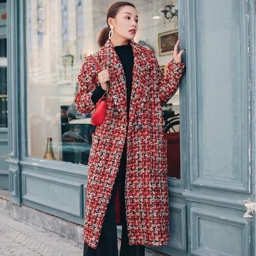 2019 Autumn Winter Female Turn Down Collar Woolen Coat Women Vintage Wool Jacket Lattice Parka Casual Loose X-Long Overcoat