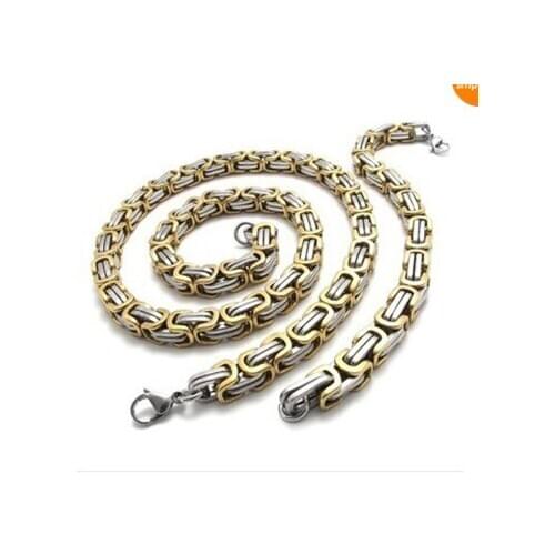 8.5mm Huge Gold Square byzantine Link Chain Necklace & Bracelet Set Stainless Steel Mens Jewlery Set Best XMAS Gifts