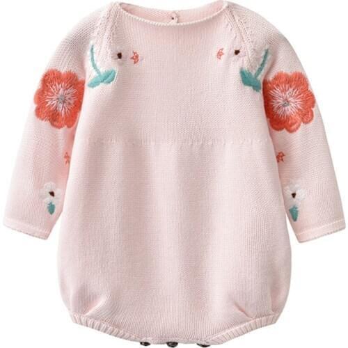 Auro Mesa Infant Baby Girl Pink Embroidered Knit Long-Sleeve Loose Bodysuit Baby Girls Toddler Outfits