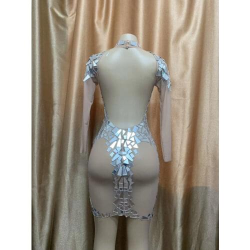 Sparkling Silver Mirror Sequins Above Knee Dresses Backless Mesh Gauze Party Dress For Women Nightclub Performance Dance Wear