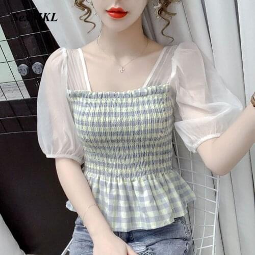 Summer Plaid Blouses Women 2021 Fashion Casual Puff Sleeve Corset Top Blouse French Elegant Slim Sexy Sweet Ruffle Woman Tops