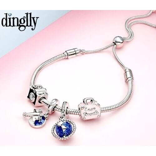 Dinglly Silver Color Airplane Earth Charm Bracelets Original Adjustable Size Fashion Fine Travel Camera Beaded Bracelet Jewelry