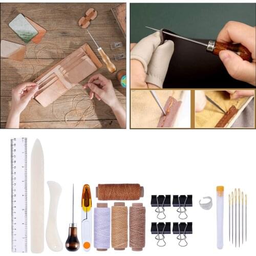 Leather Crafting Tools, Leather Craft Needles, Waxed Threads, Ruler, Awl, Thimble Set Hand Stitching Tool