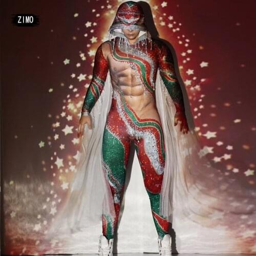 Tassel Rhinestone Jumpsuit Men Women Sexy Stretch Hooded Red Tights Christmas Party Stage Dance Costume Cosplay Costume Carnival