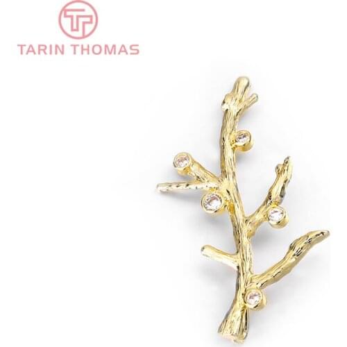 4PCS 24x38MM 24K Gold Color Brass and Zircon Tree Branches Charms Pendants High Quality Diy Jewelry Findings Accessories