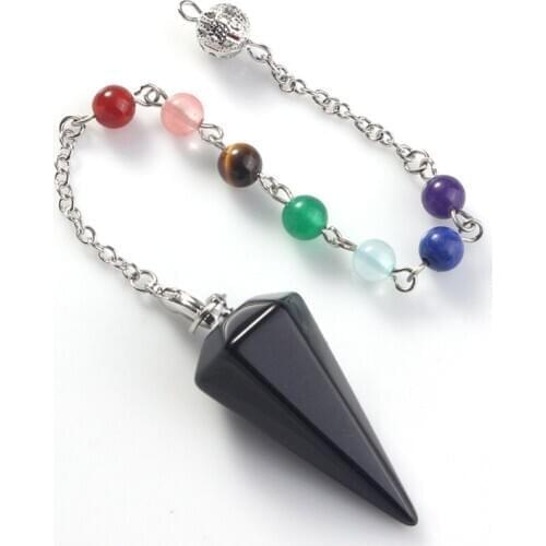 Trendy-beads Popular Silver Plated Hexagon Pyramid with Chakra Stone Chain Pendulum Pendant Black Agates Jewelry