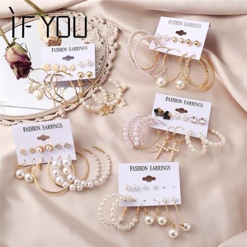 Bohemian Pearl Drop Earrings Set Fashion Butterfly Cross Round Circle Geometric Earrings for Women Statement Jewelry