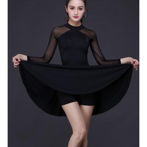 New Fashion Sexy Long Sleeve Black Latin Dance One-Piece Dress for Women Female Cwboy Ballroom Tango Cha Cha Rumba Costumes F87