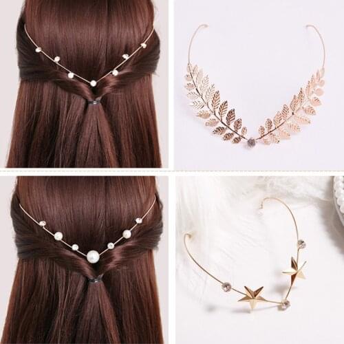 Vintage Hair Band Rhinestones Back Hold Headbands Crystal Alloy Hairbands Pearl Leaf Headwear Girls Hair Accessories Headdress
