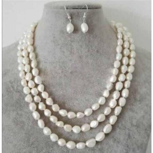 New 7-8mm Long 3row' Natural White Baroque Freshwater Pearl Necklace Earrings