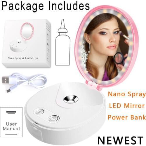 LED Light Makeup Lamp Mirror USB Batteries Charger Pocket Hand Vanity Mini Steamer Make Up Light Facial Spray Nano Sprayer Pro